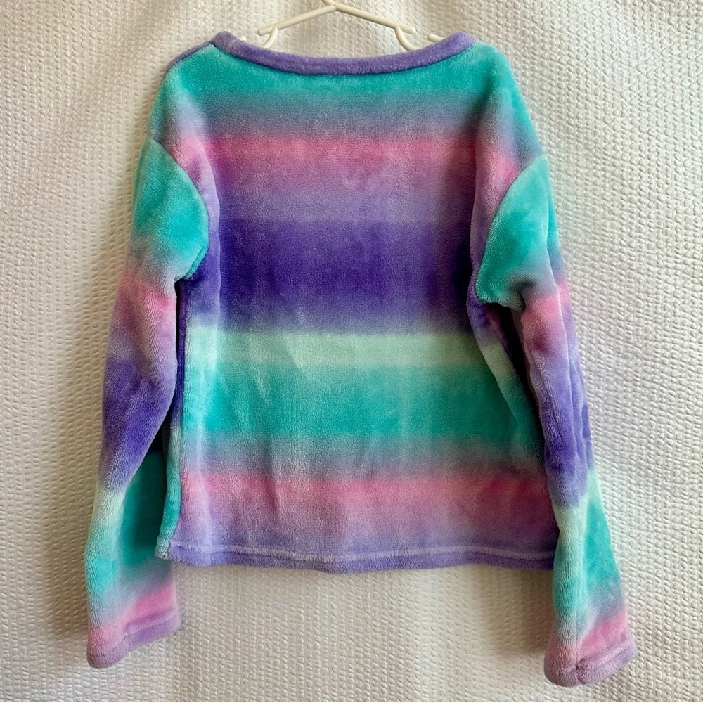SO Girls Rainbow Stripe Plush Fleece Pajama Set Size 8 Purple Teal Pink Cozy